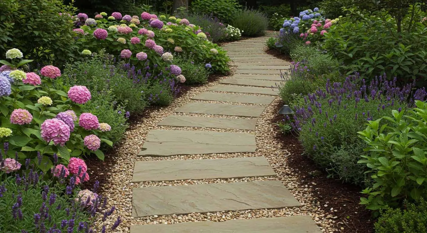 A winding flagstone pathway surrounded by vibrant flowers and lush greenery, perfect for garden inspiration.