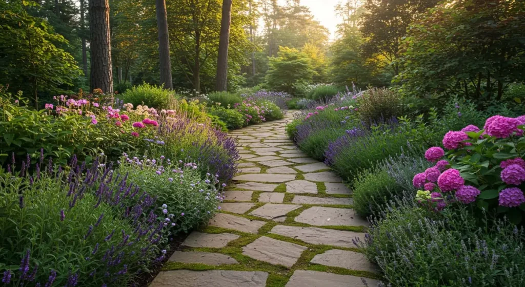 A picturesque flagstone pathway surrounded by blooming flowers and greenery, perfect for enhancing outdoor spaces.