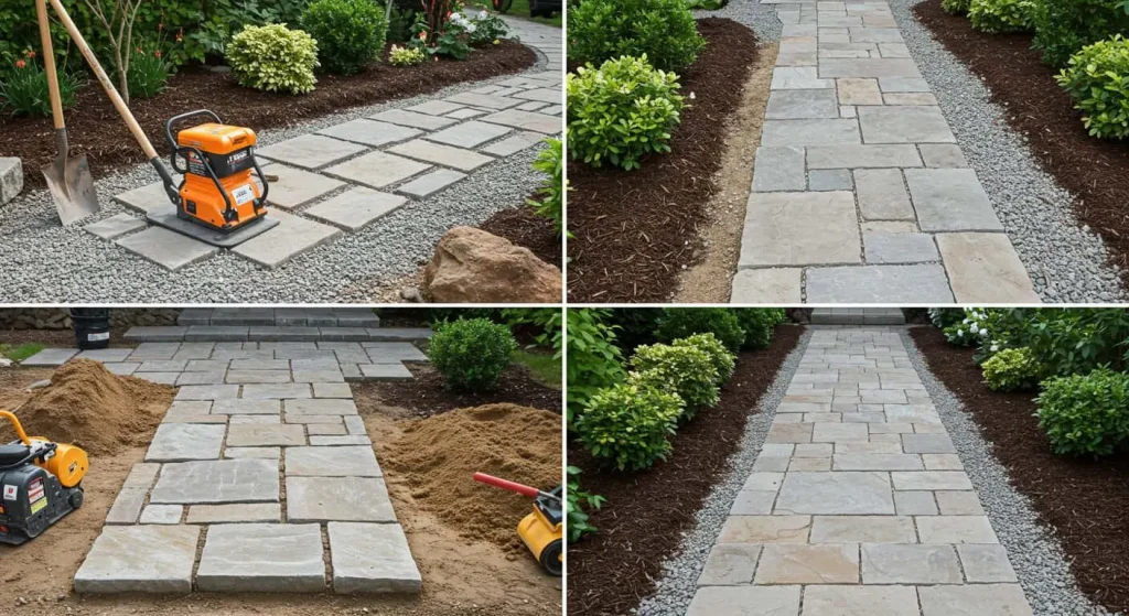 A detailed visual guide to installing a DIY flagstone pathway, highlighting tools and materials.