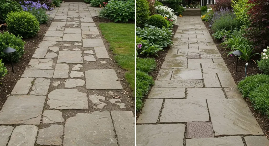 Comparison of poorly designed vs. well-executed flagstone pathways to highlight common mistakes.