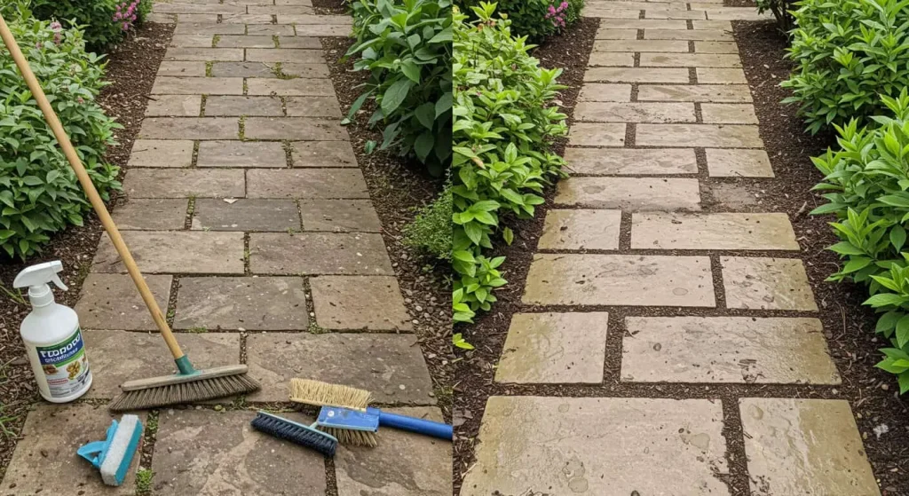 Before-and-after view of a well-maintained flagstone pathway, showcasing cleaning and sealing techniques