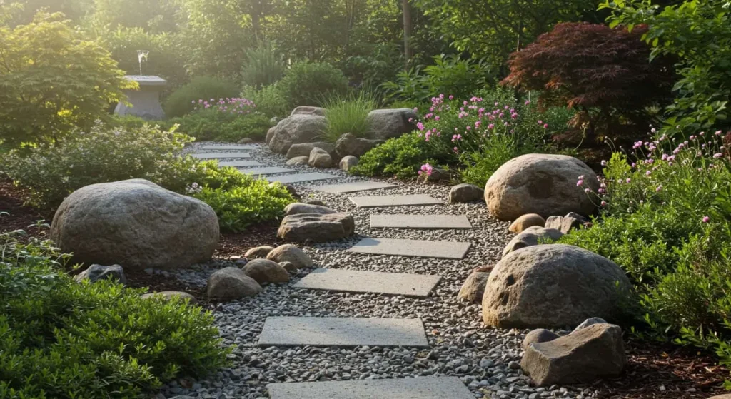 Beautiful river rock garden with a winding stone pathway surrounded by colorful plants and greenery, perfect for inspiring landscaping ideas.