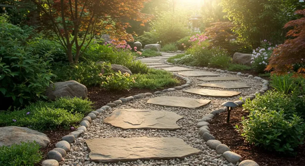 Creative river rock garden pathway with stepping stones and pebbles