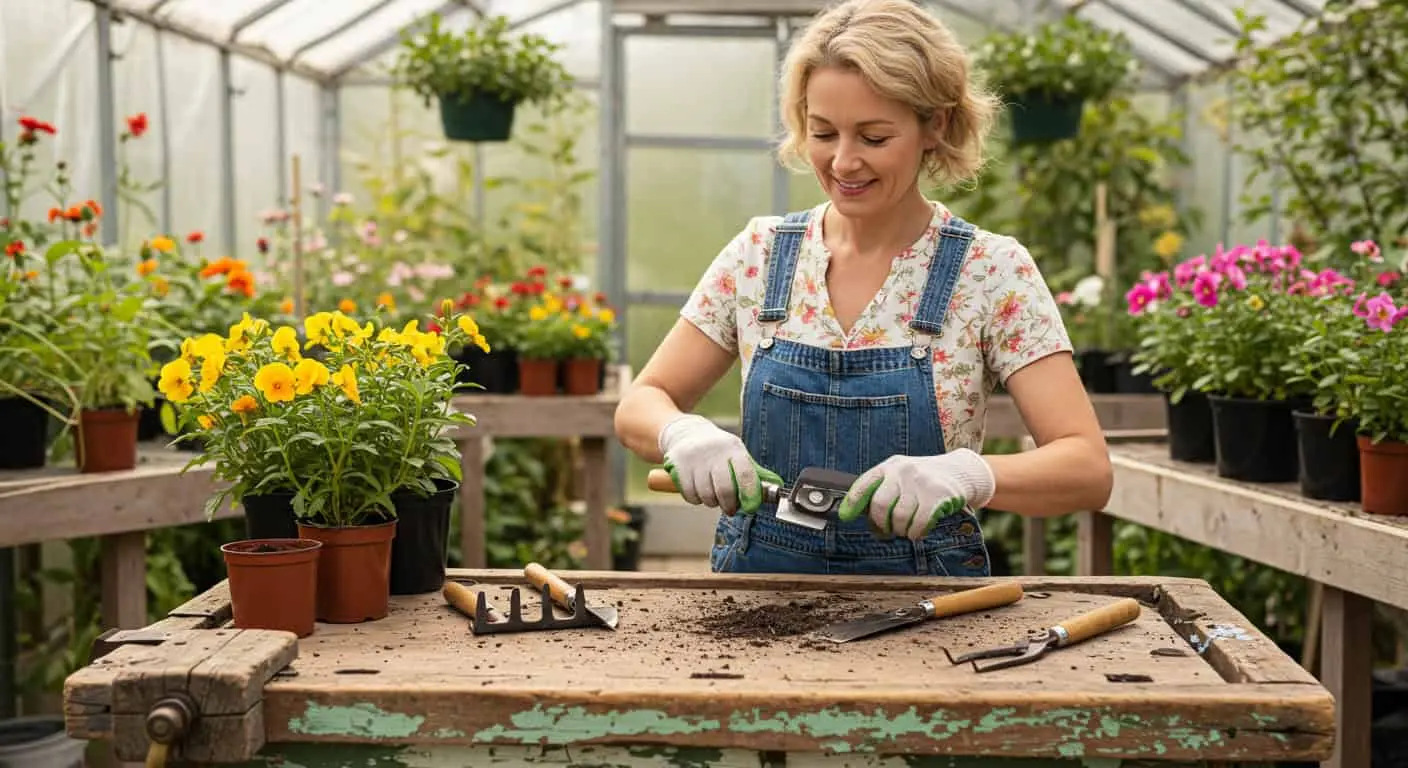 A gardener sharpening gardening tools on a wooden workbench with a sharpening stone, file, and other maintenance supplies nearby.