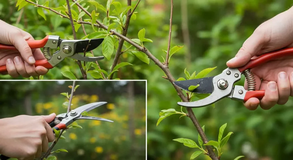 A gardener comparing sharp and dull pruning shears in a lush garden setting.