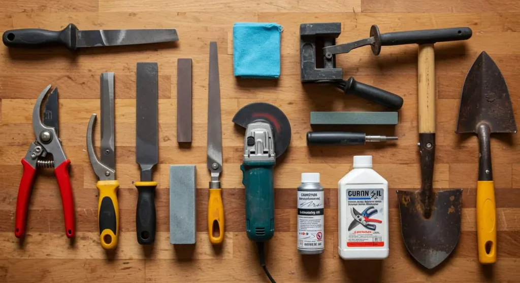 A workbench displaying essential tools for sharpening gardening tools, including a sharpening stone, file, and angle grinder.