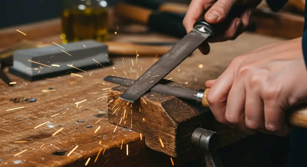 Hands sharpening a garden hoe with a file on a wooden workbench