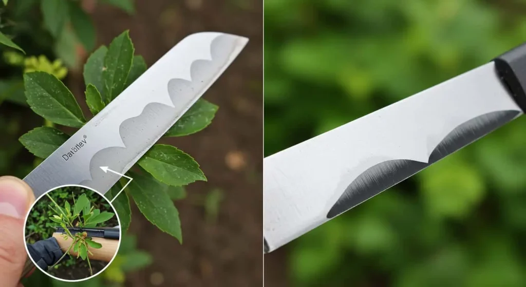 Comparison of over-sharpened and properly sharpened gardening tools.