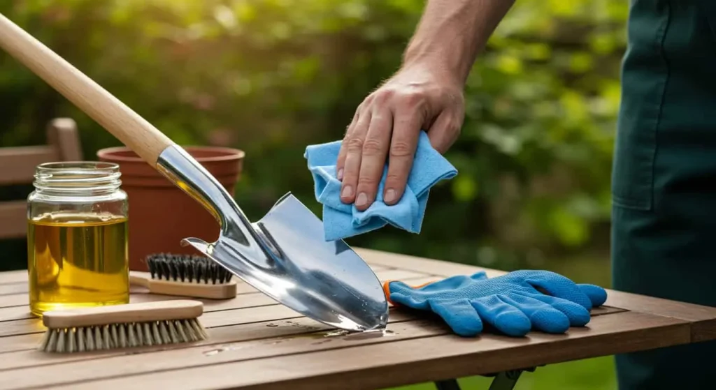 A gardener cleaning and oiling a shovel to maintain its sharpness.