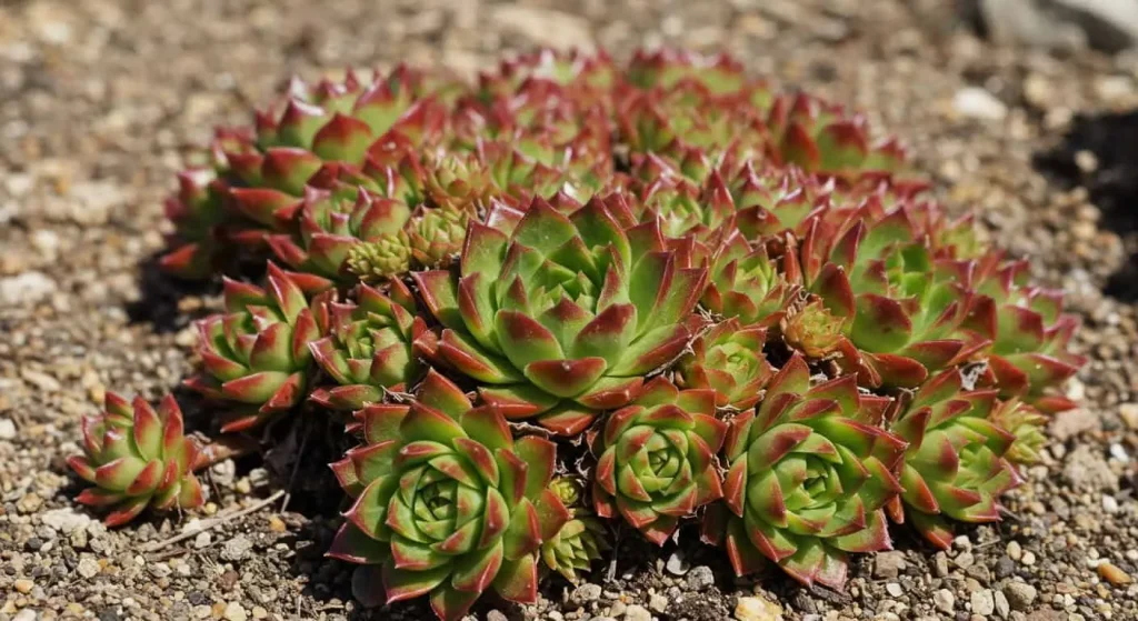 Healthy hens and chicks succulents in a rock garden under natural sunlight