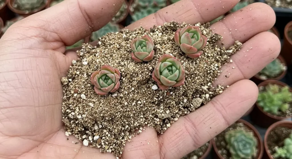 Well-draining soil mix with hens and chicks offsets ready for planting