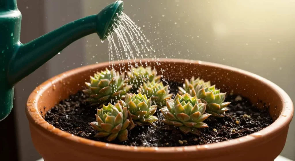 Watering hens and chicks with a watering can in the morning