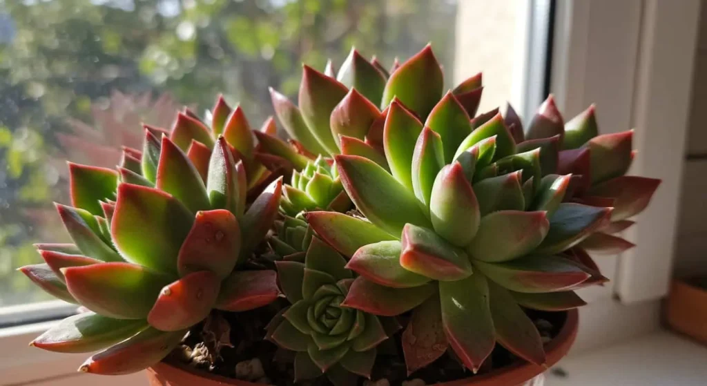 Hens and chicks thriving in bright sunlight on a windowsill