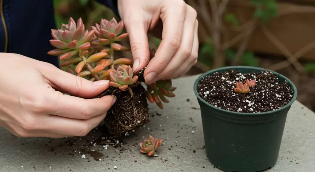 Gardener separating an offset from a hens and chicks plant