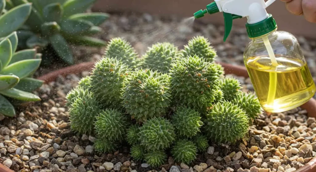 Applying neem oil to hens and chicks for pest control