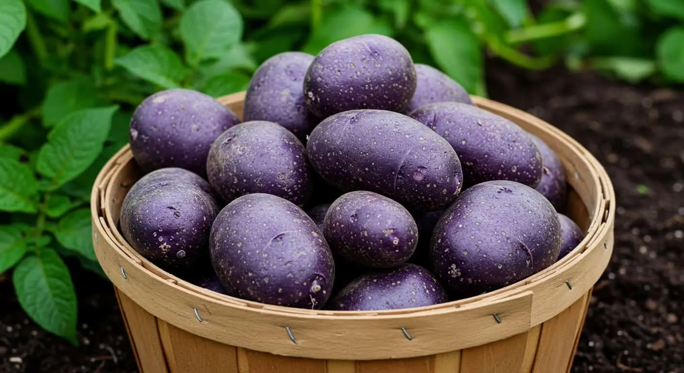 Freshly harvested purple potatoes in a wooden basket with green leaves, perfect for gardening and cooking inspiration