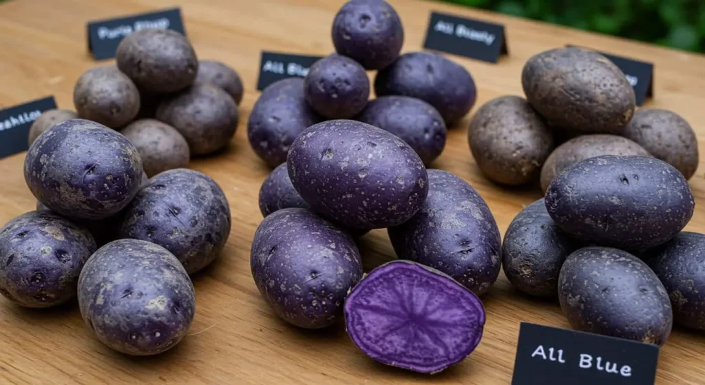 Assorted purple potato varieties displayed on a wooden surface, showcasing their unique colors and textures