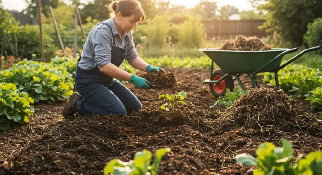 Gardener preparing soil by adding compost for healthy purple potato growth