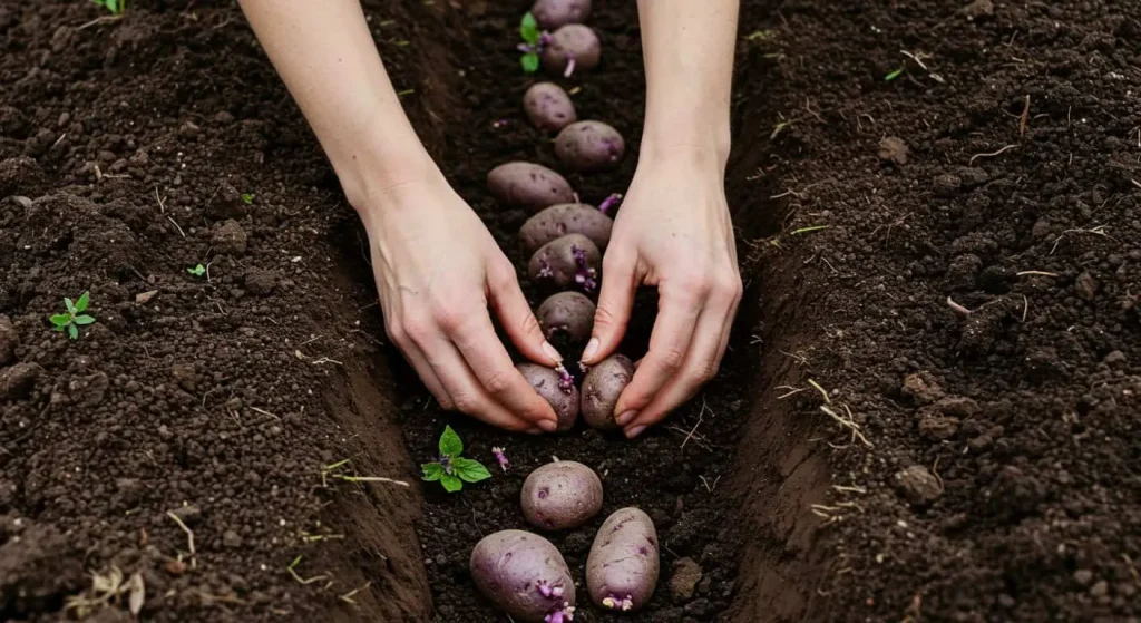 Hands planting seed potatoes in a prepared garden bed for optimal growth