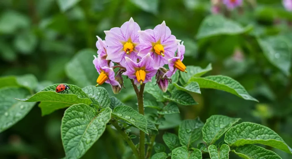 Healthy purple potato plant with blooming flowers and water droplets on leaves