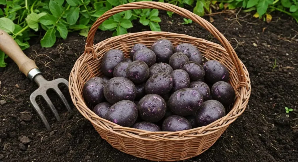 Basket of freshly harvested purple potatoes with soil residue, ready for storage