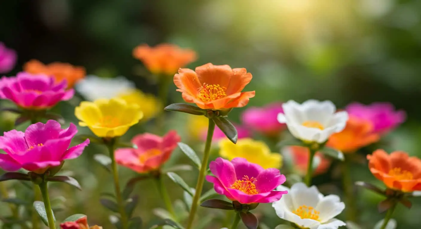 Vibrant portulaca flowers in multiple colors blooming under bright sunlight with dew drops on petals