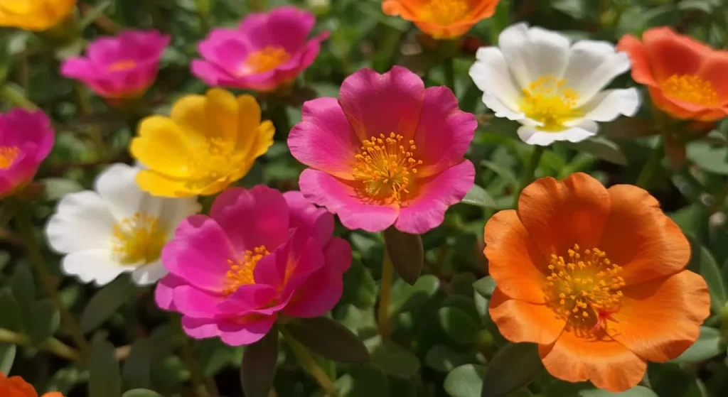 Close-up of colorful portulaca flowers with dew drops under sunlight