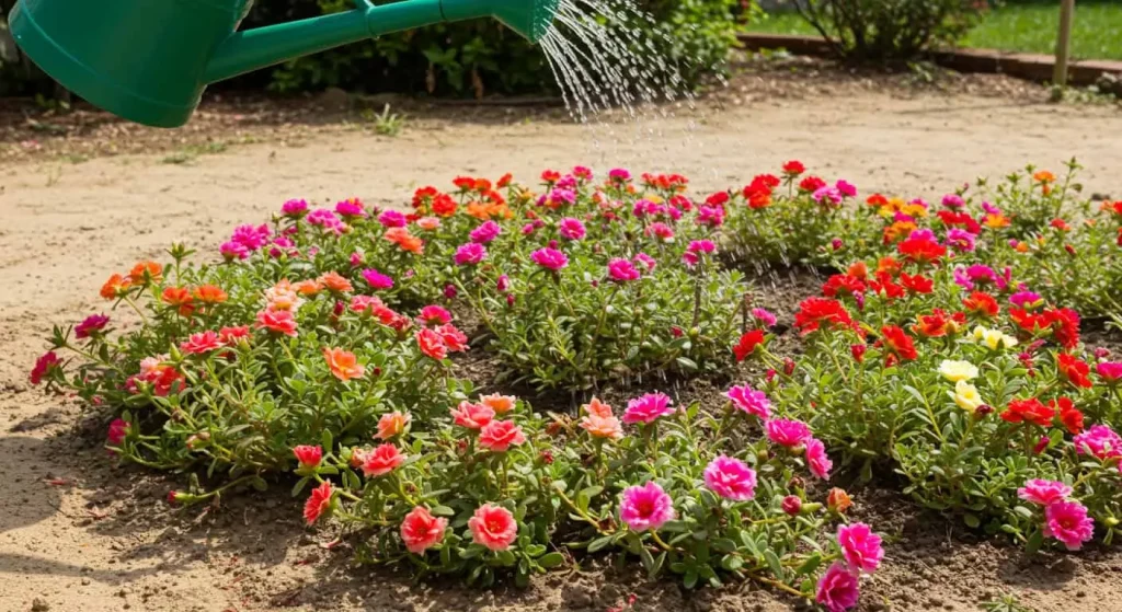 Gardener watering blooming portulaca plants in a sunny garden