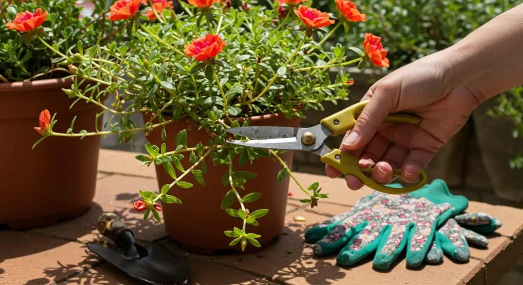 Gardener pruning leggy portulaca stems for better growth