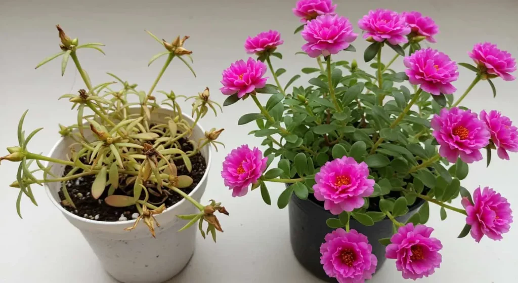 Comparison of overwatered and healthy portulaca plants