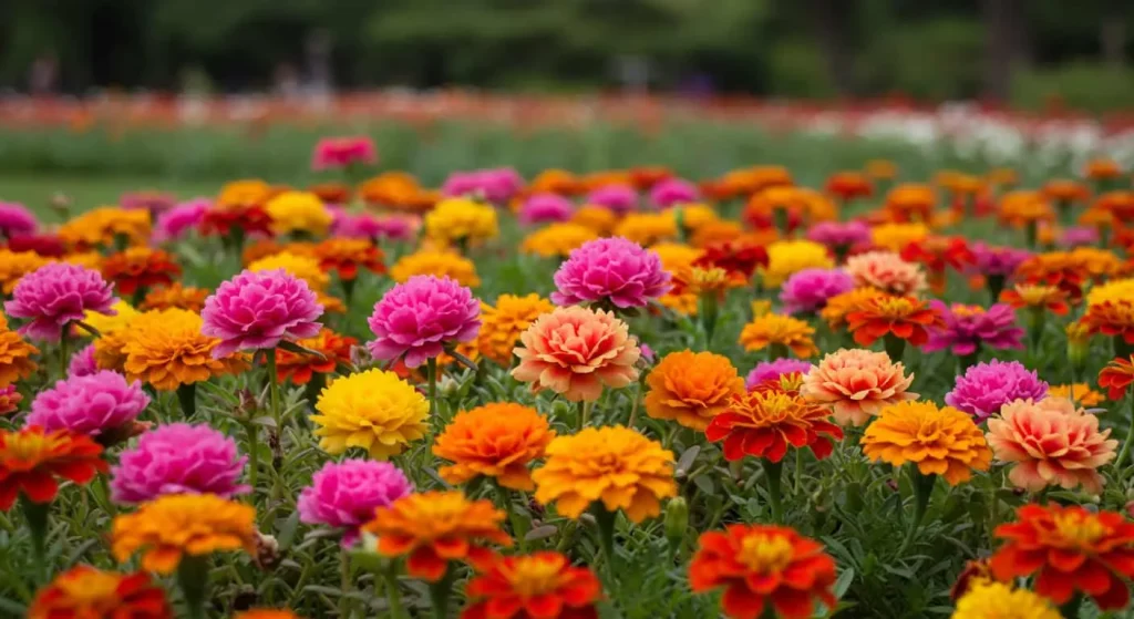 Colorful flower bed with portulaca, marigolds, and zinnias