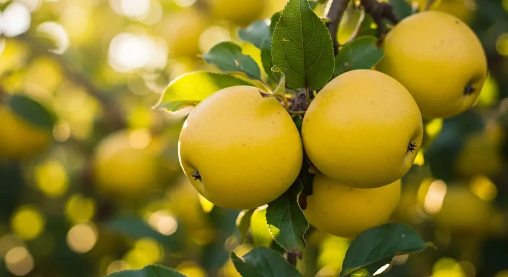 Golden yellow apples on a tree branch, showcasing their vibrant color and organic appeal.