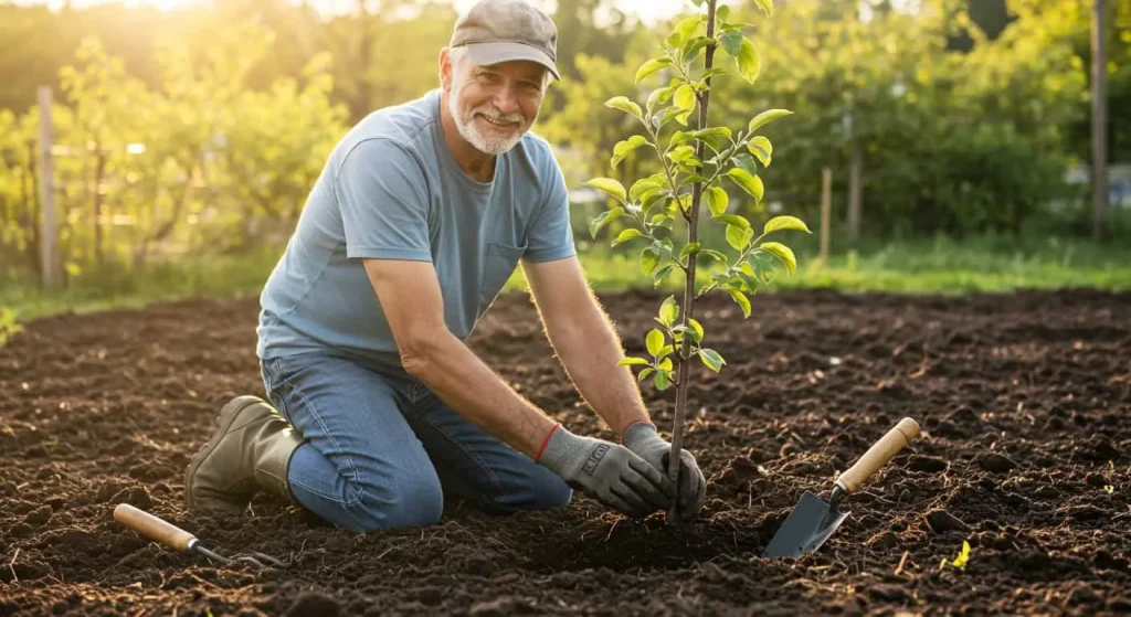 A gardener planting a young apple tree in nutrient-rich soil, symbolizing the start of an organic gardening journey.