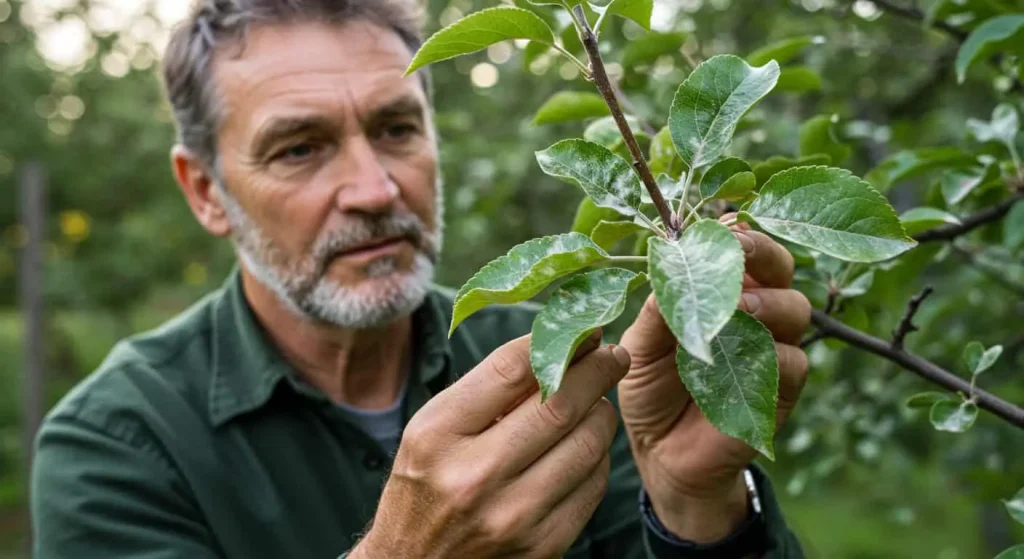 A gardener examining an apple tree with signs of powdery mildew, highlighting common challenges in organic apple cultivation.