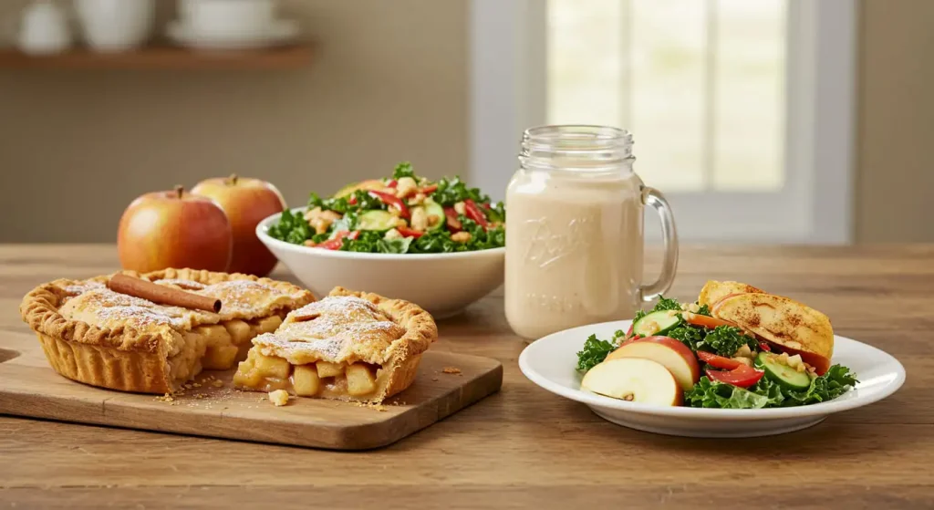 A spread of delicious recipes featuring organic yellow apples, including pie, smoothies, and salads.