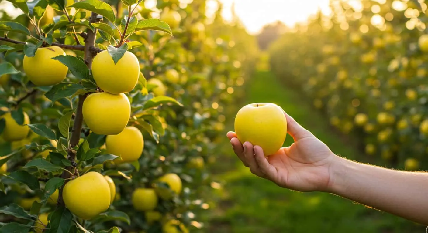 An organic yellow apple orchard with a gardener harvesting ripe fruit under sunny skies.