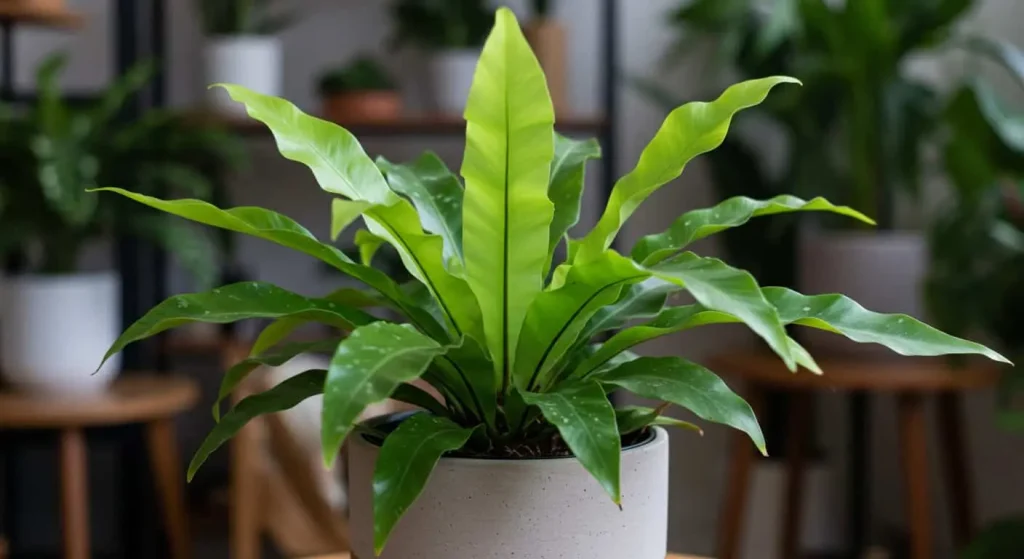 Close-up of a lush Crocodile Fern with textured leaves, displayed in a decorative pot.