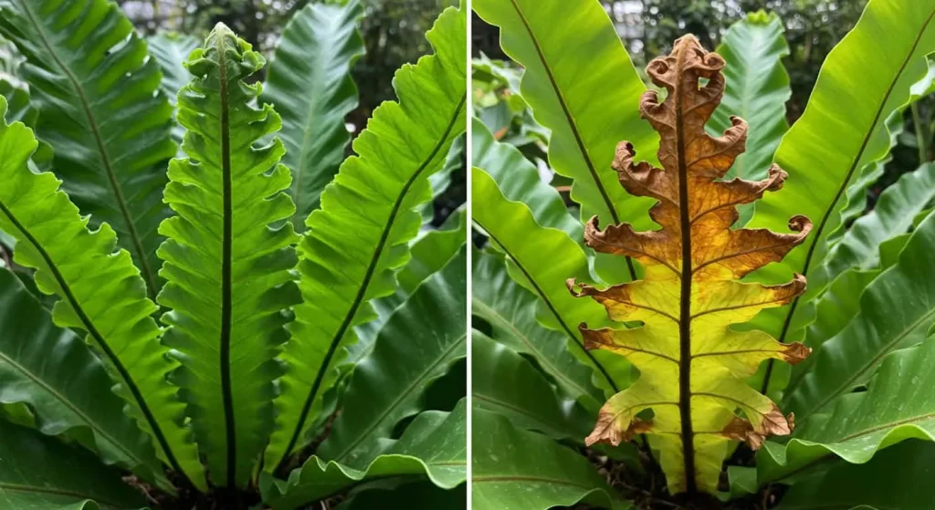 Comparison of a healthy Crocodile Fern and one with browning leaves, highlighting common issues.