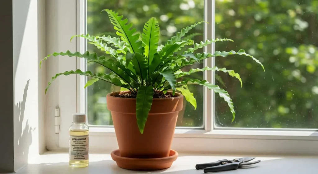 Thriving Crocodile Fern in a terracotta pot with care tools nearby.