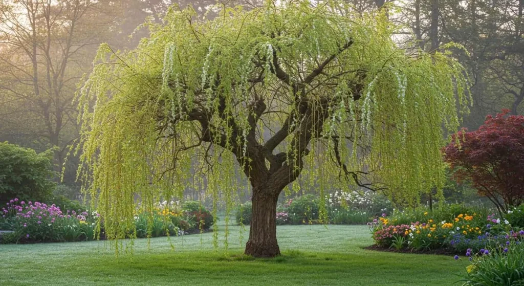 Weeping pussy willow tree with cascading branches and silvery catkins in a lush garden setting.