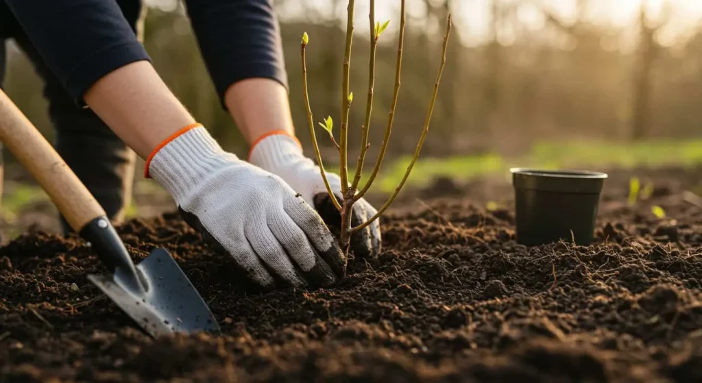 Hands planting a young weeping pussy willow sapling in moist soil with gardening tools nearby.