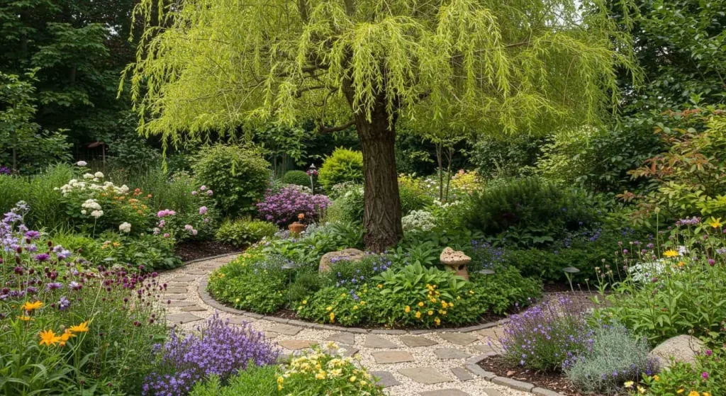 Weeping pussy willow serving as a focal point in a creatively designed garden with stone pathways.