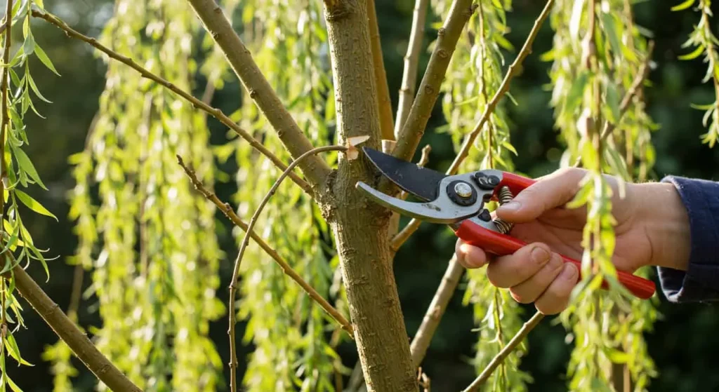 Gardener pruning a weeping pussy willow tree with pruning shears under soft sunlight.