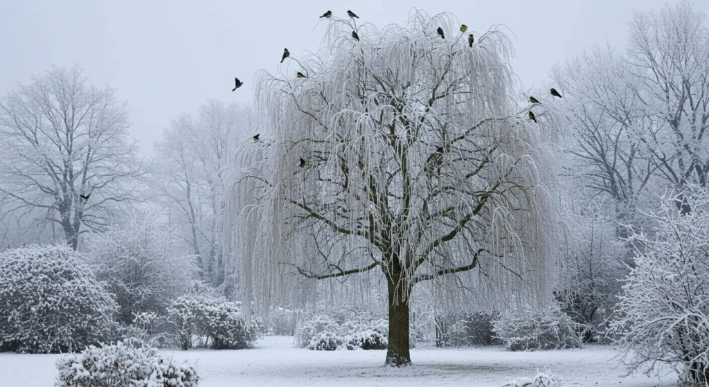 Weeping pussy willow tree with frost-covered branches in a snowy winter garden.