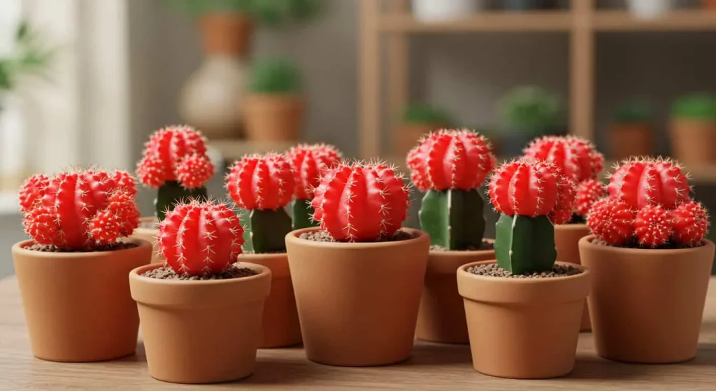 Close-up of various red cactus varieties with vibrant blooms and spines displayed on a wooden surface, surrounded by green succulents.