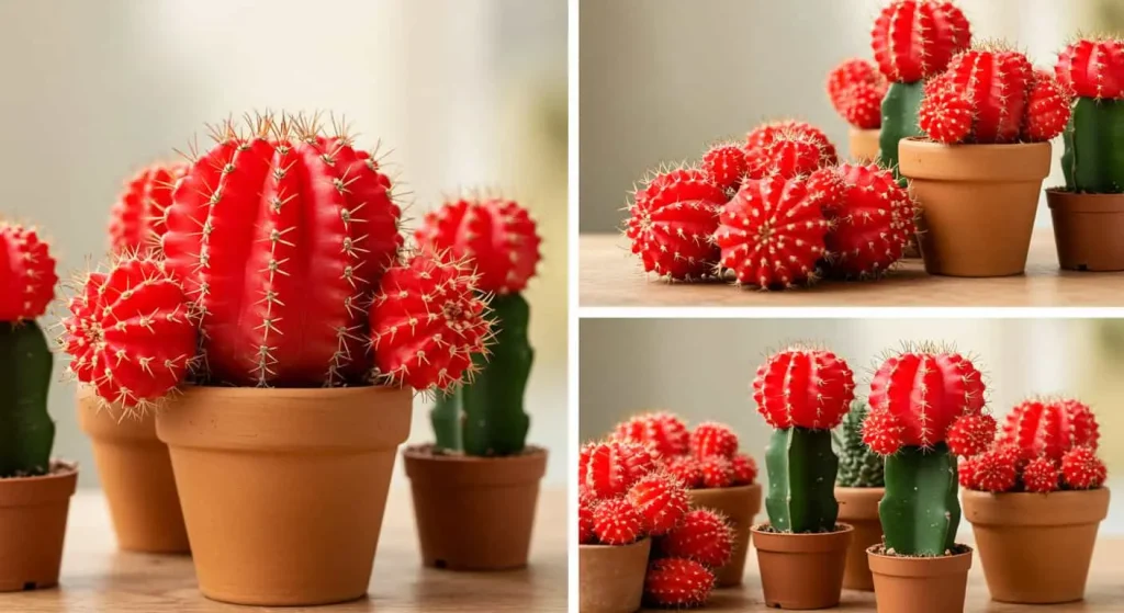 An artistic arrangement of red cactus plants with blooms and spines displayed on a rustic wooden surface.