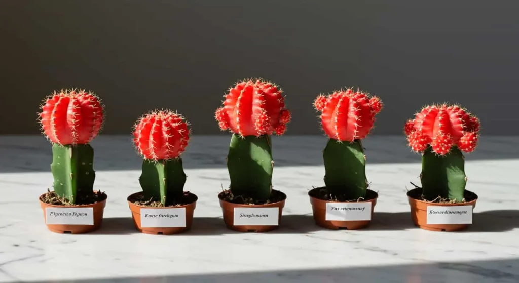 Five rare red cactus varieties neatly arranged and labeled on a white marble surface.