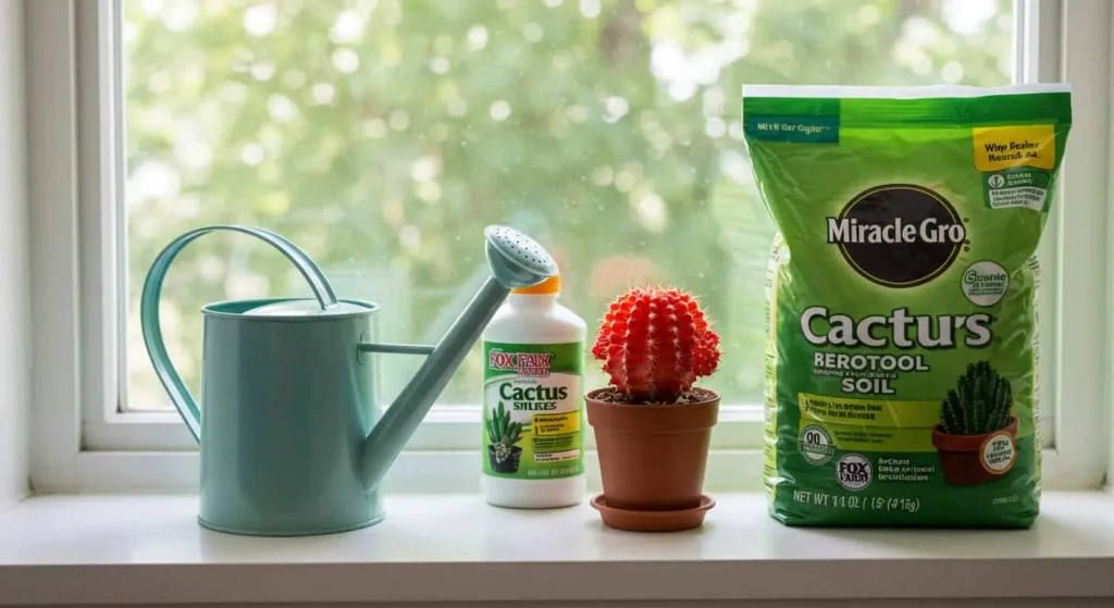 Care essentials for red cactus plants, including soil, fertilizer, and a watering can near a windowsill.