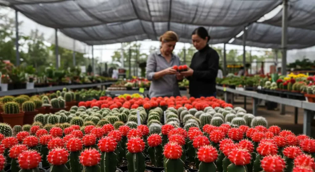 A customer browsing rare red cactus varieties at a vibrant local plant nursery.