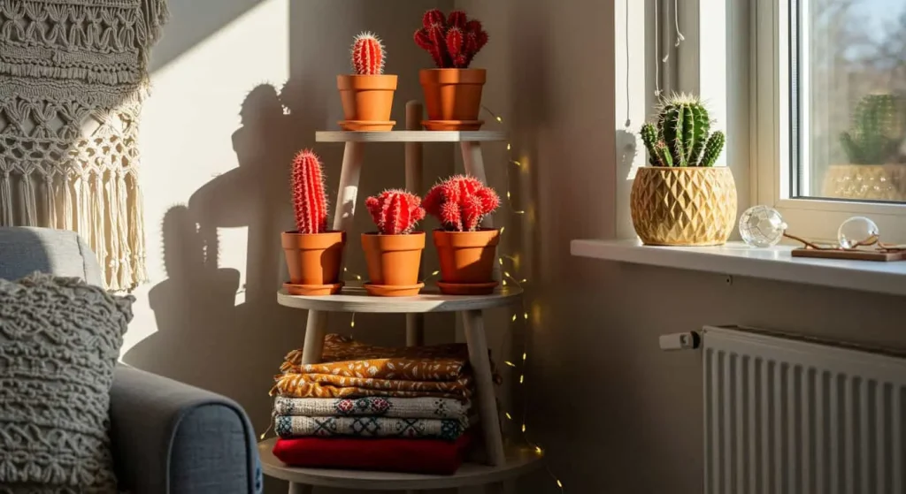 Red cactus plants styled on a tiered shelf with terracotta pots and boho decor elements